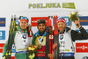 Winner Martin Fourcade of France (M), second placed Johannes Kuehn of Germany, (L) and and third placed Simon Eder of Austria (R) celebrate their medals won in the men individual race of IBU Biathlon World Cup in Pokljuka, Slovenia. Men 20km individual race of IBU Biathlon World cup 2018-2019 was held in Pokljuka, Slovenia, on Thursday, 6th of December 2018.
