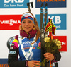 Third placed Marketa Davidova of Czech celebrates her medal won in the women individual race of IBU Biathlon World Cup in Pokljuka, Slovenia. Women 15km individual race of IBU Biathlon World cup 2018-2019 was held in Pokljuka, Slovenia, on Thursday, 6th of December 2018.
