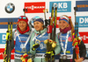 Winner Yuliia Dzhima of Ukraine (M), second placed Monika Hojnisz of Poland (L) and and third placed Marketa Davidova of Czech (R) celebrate their medals won in the women individual race of IBU Biathlon World Cup in Pokljuka, Slovenia. Women 15km individual race of IBU Biathlon World cup 2018-2019 was held in Pokljuka, Slovenia, on Thursday, 6th of December 2018.
