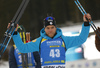 Second placed Antonin Guigonnat of France  celebrates  after the men sprint race of IBU Biathlon World Cup in Pokljuka, Slovenia. Men sprint race of IBU Biathlon World cup 2018-2019 was held in Pokljuka, Slovenia, on Friday, 7th of December 2018.
