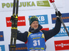 Winner Johannes Thingnes Boe of Norway  celebrates on the podium after the men sprint race of IBU Biathlon World Cup in Pokljuka, Slovenia. Men sprint race of IBU Biathlon World cup 2018-2019 was held in Pokljuka, Slovenia, on Friday, 7th of December 2018.
