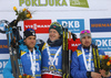 Winner Johannes Thingnes Boe of Norway (M), second placed Antonin Guigonnat of France (L) <br> third placed Alexander Loginov of Russia (R)  celebrate their medals won in the men sprint race of IBU Biathlon World Cup in Pokljuka, Slovenia. Men sprint race of IBU Biathlon World cup 2018-2019 was held in Pokljuka, Slovenia, on Friday, 7th of December 2018.
