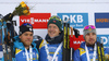 Winner Johannes Thingnes Boe of Norway (M), second placed Antonin Guigonnat of France (L) <br> third placed Alexander Loginov of Russia (R)  celebrate their medals won in the men sprint race of IBU Biathlon World Cup in Pokljuka, Slovenia. Men sprint race of IBU Biathlon World cup 2018-2019 was held in Pokljuka, Slovenia, on Friday, 7th of December 2018.
