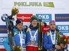 Winner Johannes Thingnes Boe of Norway (M), second placed Antonin Guigonnat of France (L) <br> third placed Alexander Loginov of Russia (R)  celebrate their medals won in the men sprint race of IBU Biathlon World Cup in Pokljuka, Slovenia. Men sprint race of IBU Biathlon World cup 2018-2019 was held in Pokljuka, Slovenia, on Friday, 7th of December 2018.
