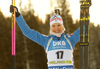 Winner Kaisa Makarainen of Finland celebrates her medal won in the women sprint race of IBU Biathlon World Cup in Pokljuka, Slovenia. Women sprint race of IBU Biathlon World cup 2018-2019 was held in Pokljuka, Slovenia, on Saturday, 8th of December 2018.
