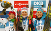 Winner Kaisa Makarainen of Finland (M), second placed Dorothea Wierer of Italy (L) and Justine Braisaz of France  (R) celebrate their medals won in the women sprint race of IBU Biathlon World Cup in Pokljuka, Slovenia. Women sprint race of IBU Biathlon World cup 2018-2019 was held in Pokljuka, Slovenia, on Saturday, 8th of December 2018.
