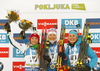 Winner Kaisa Makarainen of Finland (M), second placed Dorothea Wierer of Italy (L) and Justine Braisaz of France  (R) celebrate their medals won in the women sprint race of IBU Biathlon World Cup in Pokljuka, Slovenia. Women sprint race of IBU Biathlon World cup 2018-2019 was held in Pokljuka, Slovenia, on Saturday, 8th of December 2018.
