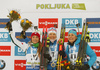 Winner Kaisa Makarainen of Finland (M), second placed Dorothea Wierer of Italy (L) and Justine Braisaz of France  (R) celebrate their medals won in the women sprint race of IBU Biathlon World Cup in Pokljuka, Slovenia. Women sprint race of IBU Biathlon World cup 2018-2019 was held in Pokljuka, Slovenia, on Saturday, 8th of December 2018.
