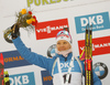 Winner Kaisa Makarainen of Finland celebrates her medal won in the women sprint race of IBU Biathlon World Cup in Pokljuka, Slovenia. Women sprint race of IBU Biathlon World cup 2018-2019 was held in Pokljuka, Slovenia, on Saturday, 8th of December 2018.
