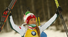 Second placed Dorothea Wierer of Italy celebrates her second place in the women pursuit race of IBU Biathlon World Cup in Pokljuka, Slovenia. Women pursuit race of IBU Biathlon World cup 2018-2019 was held in Pokljuka, Slovenia, on Sunday, 9th of December 2018.
