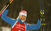 Winner Kaisa Makarainen of Finland celebrates her victory in the women pursuit race of IBU Biathlon World Cup in Pokljuka, Slovenia. Women pursuit race of IBU Biathlon World cup 2018-2019 was held in Pokljuka, Slovenia, on Sunday, 9th of December 2018.
