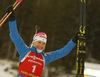 Winner Kaisa Makarainen of Finland celebrates her victory in the women pursuit race of IBU Biathlon World Cup in Pokljuka, Slovenia. Women pursuit race of IBU Biathlon World cup 2018-2019 was held in Pokljuka, Slovenia, on Sunday, 9th of December 2018.
