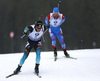 Antonin Guigonnat of France and Alexander Loginov of Russia (R) competing during the men pursuit race of IBU Biathlon World Cup in Pokljuka, Slovenia. Men pursuit race of IBU Biathlon World cup 2018-2019 was held in Pokljuka, Slovenia, on Sunday, 9th of December 2018.
