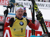 Johannes Thingnes Boe of Norway celebrates in finish of the men pursuit race of IBU Biathlon World Cup in Pokljuka, Slovenia. Men pursuit race of IBU Biathlon World cup 2018-2019 was held in Pokljuka, Slovenia, on Sunday, 9th of December 2018.
