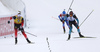 Winner Johannes Thingnes Boe of Norway (L), Quentin Fillon Maillet of France (R) and Alexander Loginov of Russia (M) competes during the men pursuit race of IBU Biathlon World Cup in Pokljuka, Slovenia. Men pursuit race of IBU Biathlon World cup 2018-2019 was held in Pokljuka, Slovenia, on Sunday, 9th of December 2018.
