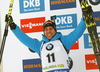 Second placed Quentin Fillon Maillet of France celebrates his medal won in the men pursuit race of IBU Biathlon World Cup in Pokljuka, Slovenia. Men pursuit race of IBU Biathlon World cup 2018-2019 was held in Pokljuka, Slovenia, on Sunday, 9th of December 2018.
