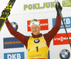 Winner Johannes Thingnes Boe of Norway celebrates on the podium after the men pursuit race of IBU Biathlon World Cup in Pokljuka, Slovenia. Men pursuit race of IBU Biathlon World cup 2018-2019 was held in Pokljuka, Slovenia, on Sunday, 9th of December 2018.
