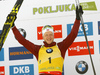Winner Johannes Thingnes Boe of Norway celebrates on the podium after the men pursuit race of IBU Biathlon World Cup in Pokljuka, Slovenia. Men pursuit race of IBU Biathlon World cup 2018-2019 was held in Pokljuka, Slovenia, on Sunday, 9th of December 2018.
