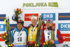 Winner Johannes Thingnes Boe of Norway  (M), second placed Quentin Fillon Maillet of France (L) and  third placed Alexander Loginov of Russia (R) celebrate their medals won in  the men pursuit race of IBU Biathlon World Cup in Pokljuka, Slovenia. Men pursuit race of IBU Biathlon World cup 2018-2019 was held in Pokljuka, Slovenia, on Sunday, 9th of December 2018.
