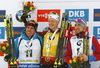 Winner Johannes Thingnes Boe of Norway  (M), second placed Quentin Fillon Maillet of France (L) and  third placed Alexander Loginov of Russia (R) celebrate their medals won in  the men pursuit race of IBU Biathlon World Cup in Pokljuka, Slovenia. Men pursuit race of IBU Biathlon World cup 2018-2019 was held in Pokljuka, Slovenia, on Sunday, 9th of December 2018.
