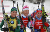 Winner Kaisa Makarainen of Finland (M), second placed Dorothea Wierer of Italy  (L) and  third placed Paulina Fialkova of Slovakia (R) celebrate their medals won in the women pursuit race of IBU Biathlon World Cup in Pokljuka, Slovenia. Women pursuit race of IBU Biathlon World cup 2018-2019 was held in Pokljuka, Slovenia, on Sunday, 9th of December 2018.
