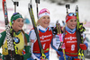Winner Kaisa Makarainen of Finland (M), second placed Dorothea Wierer of Italy  (L) and  third placed Paulina Fialkova of Slovakia (R) celebrate their medals won in the women pursuit race of IBU Biathlon World Cup in Pokljuka, Slovenia. Women pursuit race of IBU Biathlon World cup 2018-2019 was held in Pokljuka, Slovenia, on Sunday, 9th of December 2018.
