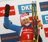 Winner Kaisa Makarainen of Finland celebrates on the podium after  the women pursuit race of IBU Biathlon World Cup in Pokljuka, Slovenia. Women pursuit race of IBU Biathlon World cup 2018-2019 was held in Pokljuka, Slovenia, on Sunday, 9th of December 2018.
