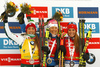 Winner Kaisa Makarainen of Finland (M), second placed Dorothea Wierer of Italy  (L) and  third placed (R) celebrate their medals won in the women pursuit race of IBU Biathlon World Cup in Pokljuka, Slovenia. Women pursuit race of IBU Biathlon World cup 2018-2019 was held in Pokljuka, Slovenia, on Sunday, 9th of December 2018.
