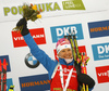 Winner Kaisa Makarainen of Finland celebrates after  the women pursuit race of IBU Biathlon World Cup in Pokljuka, Slovenia. Women pursuit race of IBU Biathlon World cup 2018-2019 was held in Pokljuka, Slovenia, on Sunday, 9th of December 2018.
