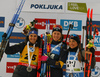 Winner Elvira Oeberg of Sweden (M), second placed Julia Simon of France (L) and third placed Dorothea Wierer of Italy (R) celebrate their medals won in the Women Sprint race of BMW IBU Biathlon World cup in Pokljuka, Slovenia. Women Sprint race of BMW IBU Biathlon World cup was held in Pokljuka, Slovenia, on Thursday 5th of January 2023.
