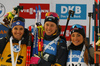 Winner Elvira Oeberg of Sweden (M), second placed Julia Simon of France (L) and third placed Dorothea Wierer of Italy (R) celebrate their medals won in the Women Sprint race of BMW IBU Biathlon World cup in Pokljuka, Slovenia. Women Sprint race of BMW IBU Biathlon World cup was held in Pokljuka, Slovenia, on Thursday 5th of January 2023.