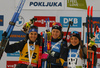 Winner Elvira Oeberg of Sweden (M), second placed Julia Simon of France (L) and third placed Dorothea Wierer of Italy (R) celebrate their medals won in the Women Sprint race of BMW IBU Biathlon World cup in Pokljuka, Slovenia. Women Sprint race of BMW IBU Biathlon World cup was held in Pokljuka, Slovenia, on Thursday 5th of January 2023.