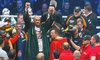 Tyson Fury celebrates his victory over Wladimir Klitschko during a world heavyweight title fight between Wladimir Klitschko and Tyson Fury at the Esprit Arena in Duesseldorf, Germany on 2015/11/29.
