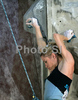 Second placed Maja Vidmar of Slovenia climbing during women finals of last IFSC Sport Climbing World cup of 2008 season. Final race of IFSC Sport Climbing World Cup of 2008 season was held in Kranj, Slovenia on 16th of November 2008. 
