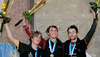 Winner Klemen Becan of Slovenia (M), second placed Jorg Verhoeven of Netherland (L) and third placed Patxi Usobiaga Lakunza of Spain (R) celebrating their medals won in men finals of last IFSC Sport Climbing World cup of 2008 season. Final race of IFSC Sport Climbing World Cup of 2008 season was held in Kranj, Slovenia on 16th of November 2008. 

