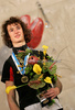 Winner Adam Ondra of Czech celebrate his medal won in men finals of last IFSC Sport Climbing World cup of 2009 season. Final race of IFSC Sport Climbing World Cup of 2009 season was held in Kranj, Slovenia on 15th of November 2009. 
