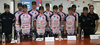Cycling team Radenska KD Financial point with sports manager Andrej Hauptman, cyclists David Tratnik, Bostjan Rezman, Blaz Zun, Andi Bajc, Matej Gnezda, Matej Trcek, Gasper Mulej, Matic Strgar, Rober Vrecer, general manager Gorazd Penko, and technician Bostjan Kavcnik ( from L to R) at presentation of cycling continental team Radenska KD Financial Point. Presentation was held in Ljubljana, on 8th of April, 2008
