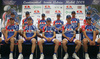 Sitting in fron ro Uros Murn, Miha Svab, Rok Grilc, Jure Zagar and  Benjamin Cujnik (L to R), sitting in second row Joze Senekovic, Jure Zrimsek, Robert Kiserlovski, Marko Kump, Blaz Jarc and Grega Bole (L to R) at presentation of cycling continental team Adria Mobil. Presentation was held in Ljubljana, on 9th of April, 2008
