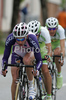 Tratnik David of Radenska KD Financna tocka (front) followed by Gregor Gazvoda of Perutnina Ptuj and Mitja Mahoric of Perutnina Ptuj at criterium of 10th Grand prix of Sencur. This is opening race for Slovene cyclists. The race was held in Sencur, Slovenia, on 26th of April, 2008.

