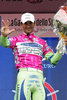 The best in points classification (ciclamine jersery) Daniele Bennati (Italy) of Liquigas celebrating his success in 12th stage of Giro d Italia, from Forli to Carpi (169 km). 12th stage was held on 22nd of May 2008.
