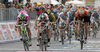 Winner Daniele Bennati (Italy) of Liquigas (L), second placed Mark Cavendish (United Kingdom) of High Road (R) and third placed Robbie Mcewen (Australia) of Silence-Lotto (M) arriving to finish line in 12th stage of Giro d Italia, from Forli to Carpi (169 km). 12th stage was held on 22nd of May 2008.
