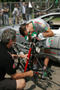 Danilo Di Luca (Italy) of LPR Brakes is adjusting his bike at starting area of 13th stage of Giro d Italia, from Modena to Cittadella (177 km). 13th stage was held on 23rd of May 2008.
