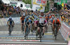 Winner Mark Cavendish (United Kingdom) of High Road celebrating his victory at finish line of 13th stage of Giro d Italia, from Modena to Cittadella (177 km). 13th stage was held on 23rd of May 2008.
