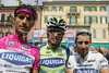 From L to R: Daniele Bennati (Italy) of Liquigas, Vladimir Miholjevic (Croatia) of Liquigas and Vincenzo Nibali (Italy) of Liquigas at starting area of 14th stage of Giro d Italia, from Verona to Alpe di Pampeago / Val di Fiemme (193 km). 14th stage was held on 24th of May 2008.
