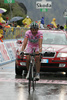 39th placed Gabriele Bosisio (Italy) of LPR Brakes (left) at finish line of 15th stage of Giro d Italia, from Arabba to Passo Fedaia / Marmolada - Dolomiti Stars (153 km). 15th stage was held on 25th of May 2008.
