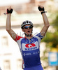 Winner Grega Bole of Adria Mobil celebrating his victory when crossing finish line of 41st Grand Prix Kranj, Filip Majcen Memorial cycle race. 41st Grand Prix Kranj was held in Kranj, Slovenia, on 31st of May 2008.
