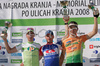 Winner Grega Bole of Adria Mobil (M), second placed Jure Kocjan of Perutnina Ptuj (L), and this placed Aldo Ino Ilesic Sava (R) celebrating their medals won in 41st Grand Prix Kranj, Filip Majcen Memorial cycle race. 41st Grand Prix Kranj was held in Kranj, Slovenia, on 31st of May 2008.
