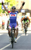 Winner Grega Bole of Adria Mobil celebrating his victory when crossing finish line of 41st Grand Prix Kranj, Filip Majcen Memorial cycle race. 41st Grand Prix Kranj was held in Kranj, Slovenia, on 31st of May 2008.
