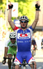 Winner Grega Bole of Adria Mobil celebrating his victory when crossing finish line of 41st Grand Prix Kranj, Filip Majcen Memorial cycle race. 41st Grand Prix Kranj was held in Kranj, Slovenia, on 31st of May 2008.
