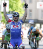 Winner Grega Bole of Adria Mobil celebrating his victory when crossing finish line of 41st Grand Prix Kranj, Filip Majcen Memorial cycle race. 41st Grand Prix Kranj was held in Kranj, Slovenia, on 31st of May 2008.
